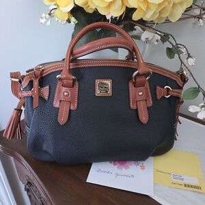 Dooney & Bourke Black Pebble Leather Satchel with Brown Trim